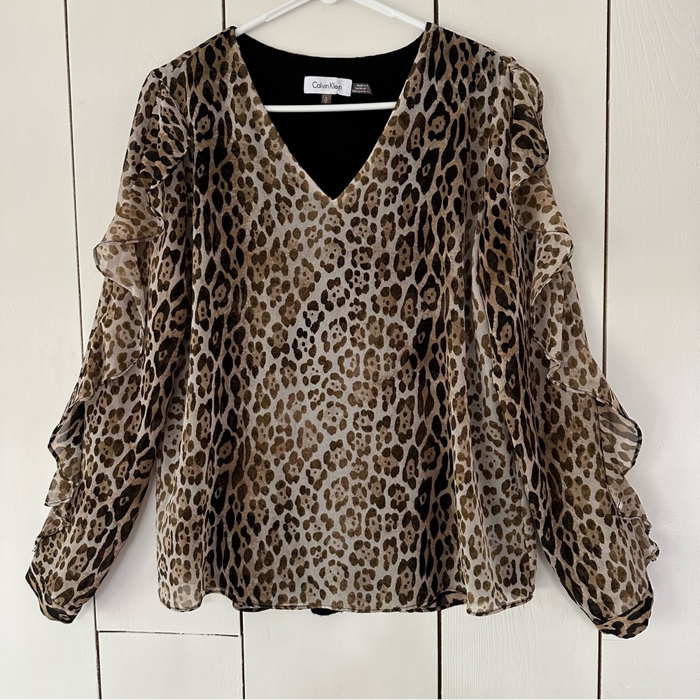 Calvin Klein Animal Print Chiffon Top Ruffle Sleeve Sz S